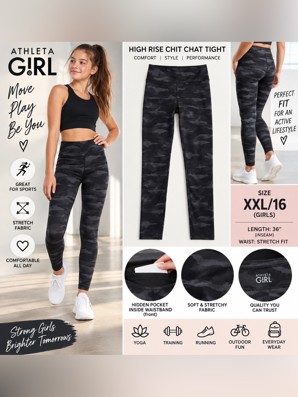 Athleta Girl High Rise Chit Chat Tight XXL 16 Black Camo Leggings Stretch